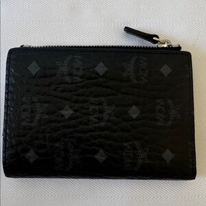 MCM Bifold Wallet Black Leather Pouch with Logo
